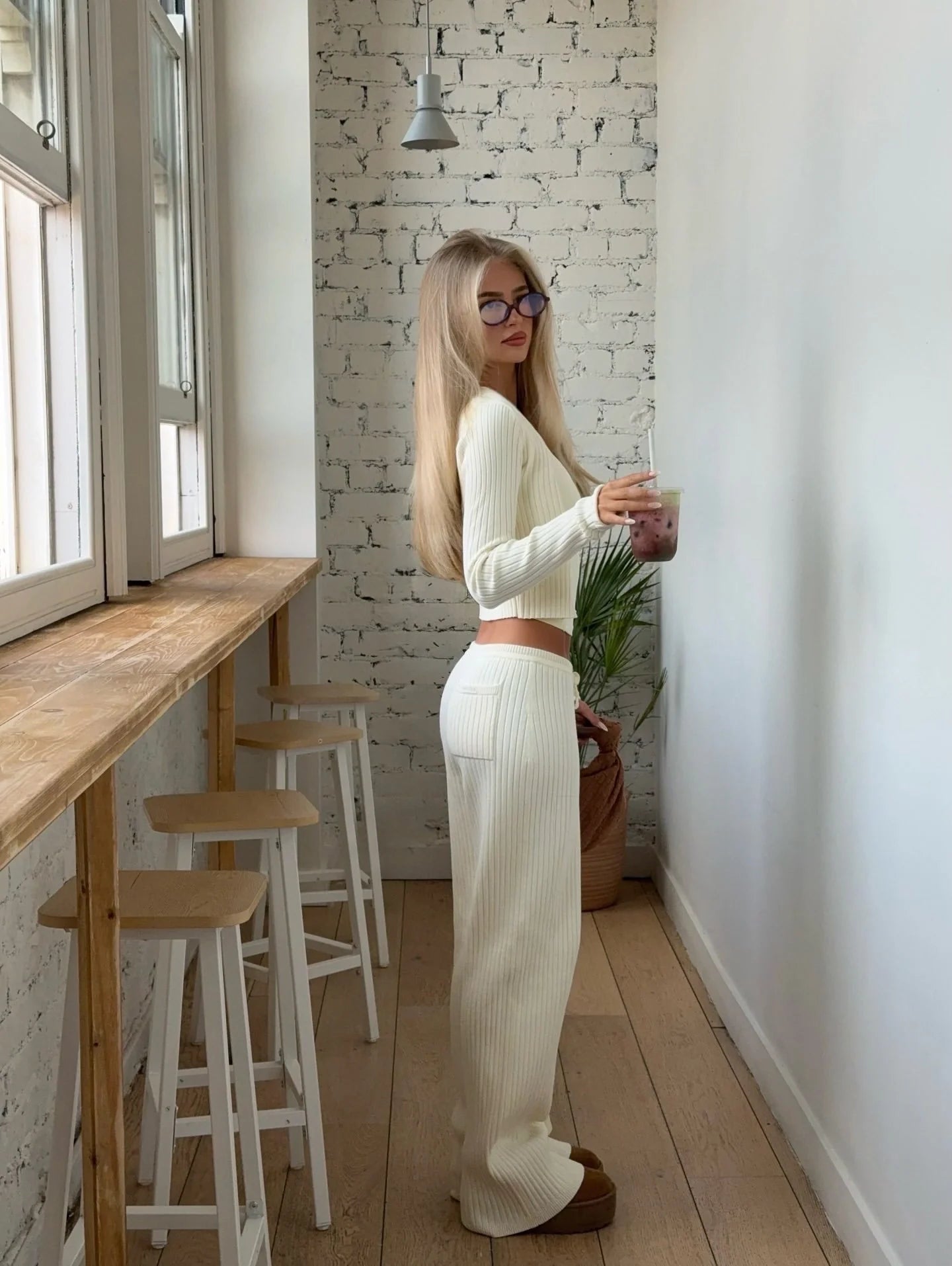 Ribbed Button-Down Pants Set