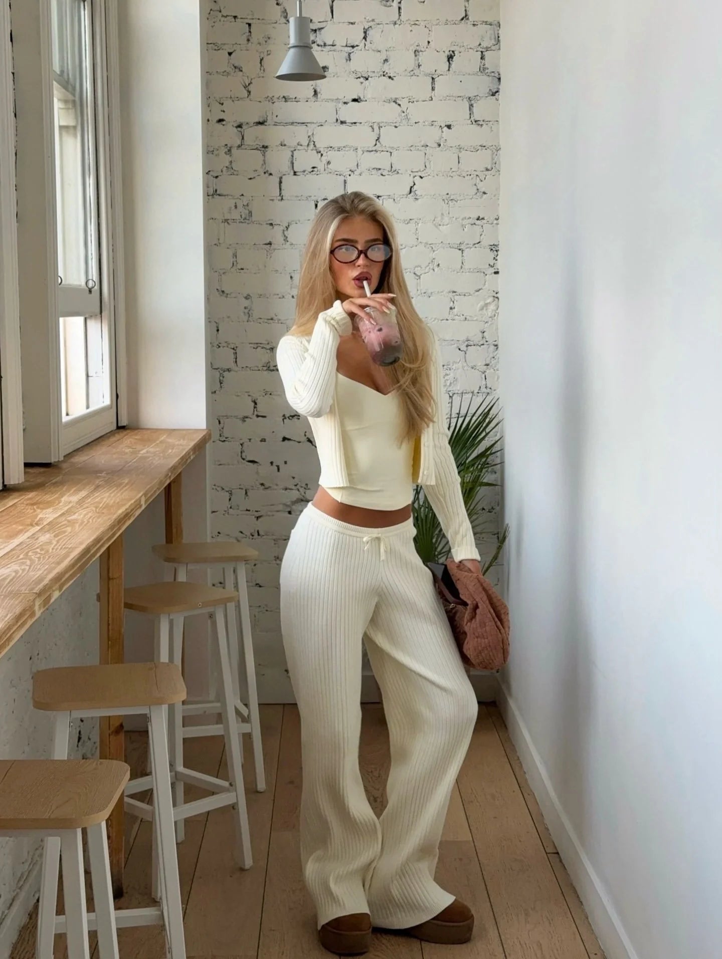 Ribbed Button-Down Pants Set