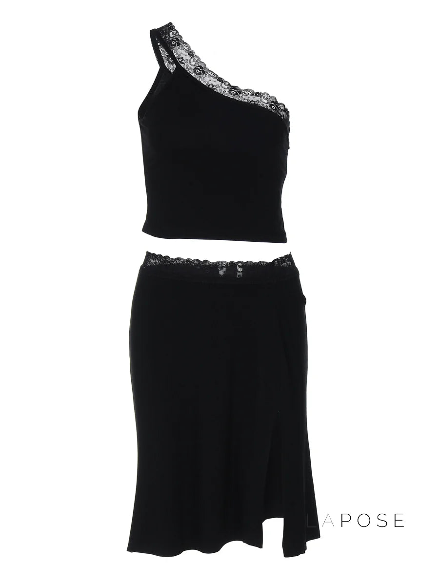 River One-Shoulder Lace Skirt Set