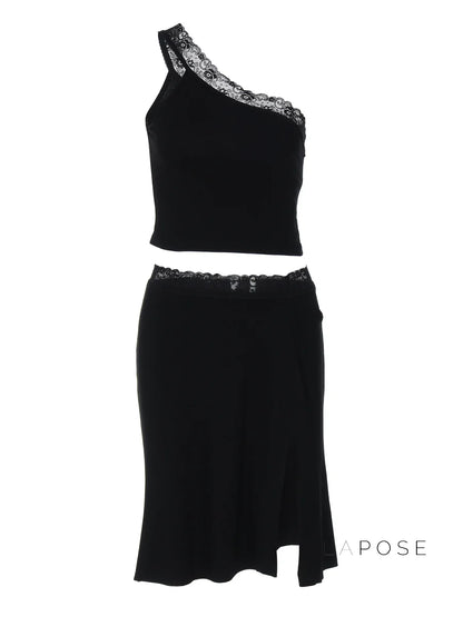 River One-Shoulder Lace Skirt Set