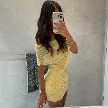 Ruched Mesh Off-Shoulder Mini Dress