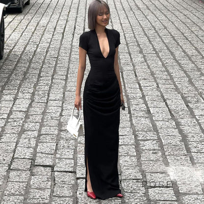 Susanna Deep V Ruched Maxi Dress