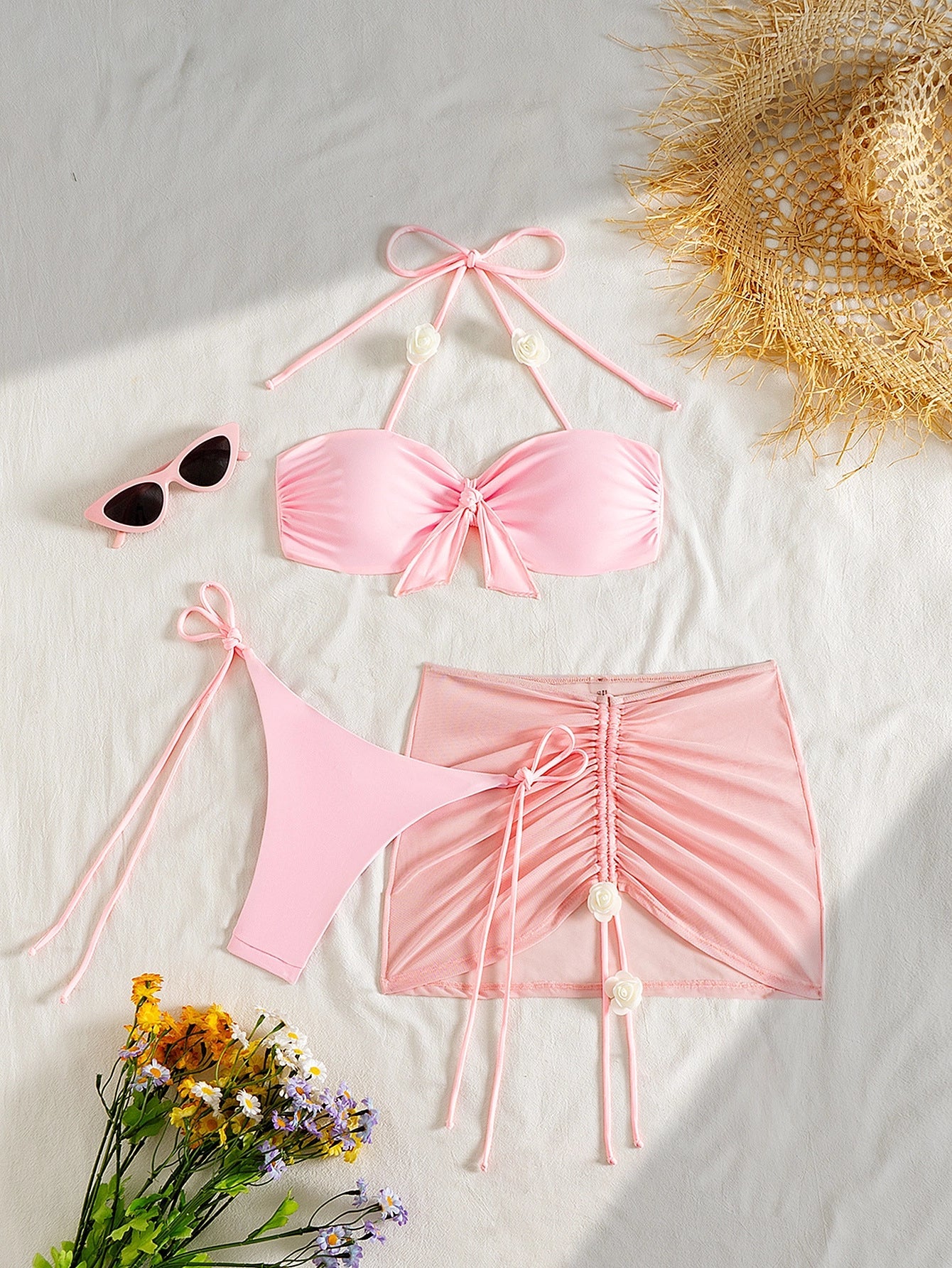 Three-Piece Halter Bikini & Skirt Set