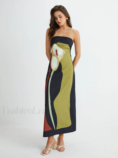 Large Floral Print Split Tube Maxi Dress