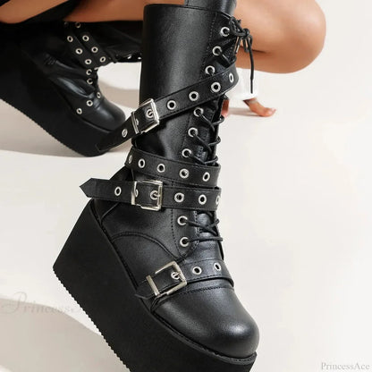 Large Size Women Tie Up Buckle Elevated Gothic Boot