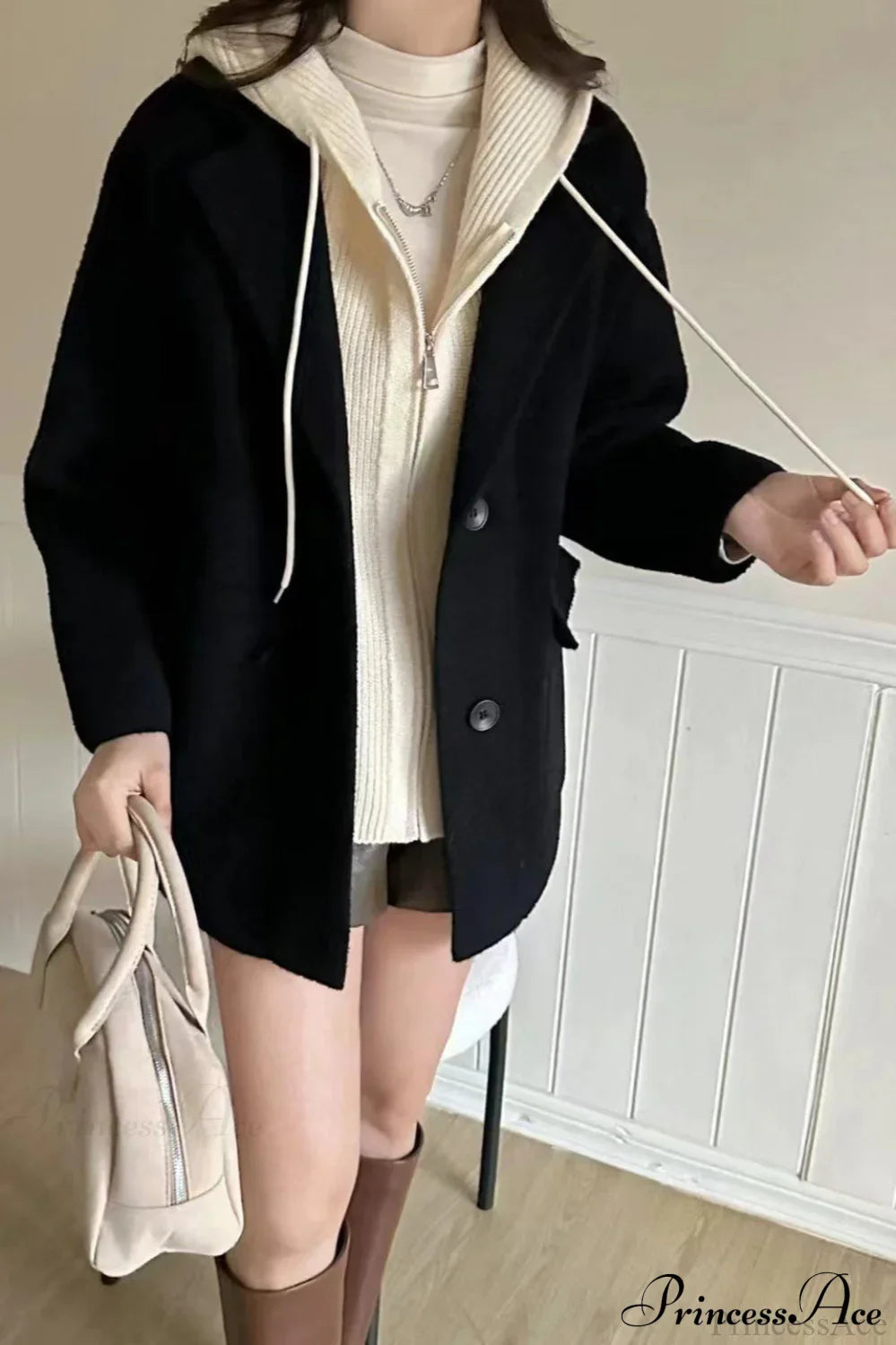 Layered-Look Wool Blend Loose Slim-Fit Knit Cardigan Coat