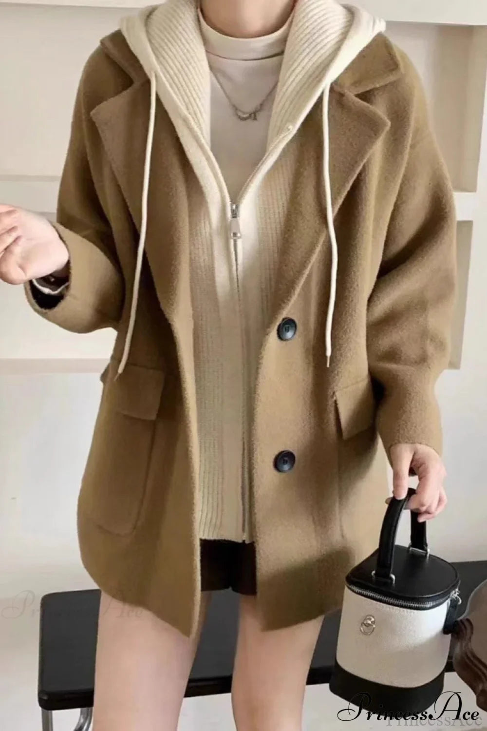 Layered-Look Wool Blend Loose Slim-Fit Knit Cardigan Coat