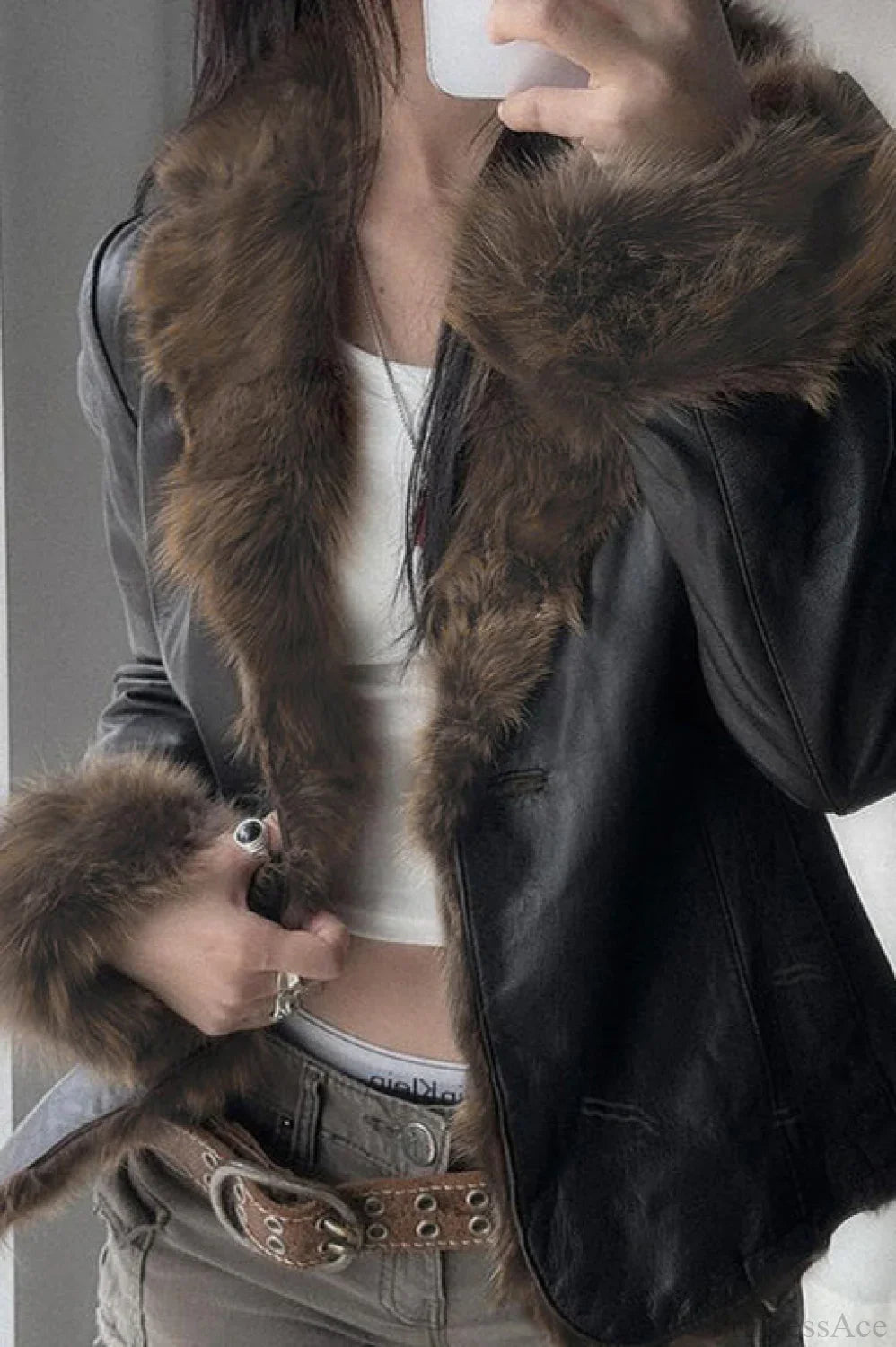 Leather Faux Fur Panel Collared Fitted Warm Coat