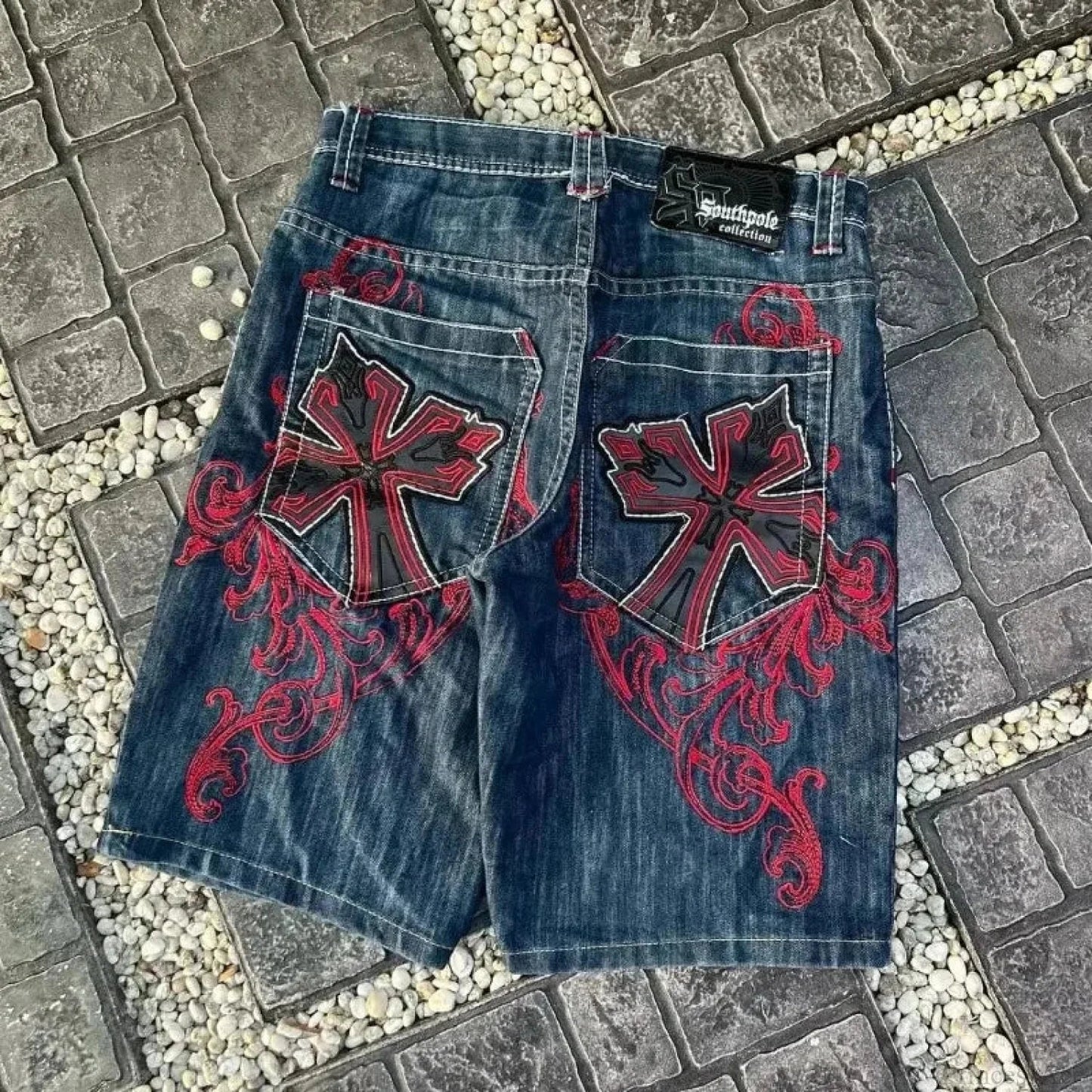 Leather Patch Embroidery Denim Short