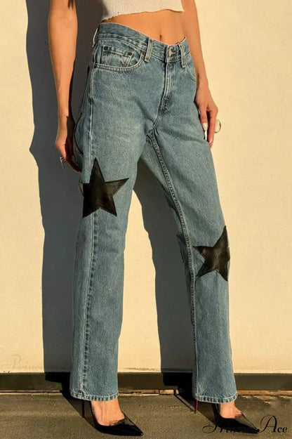 Leather Star Patchwork Straight Leg Jeans