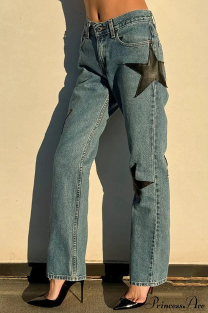 Leather Star Patchwork Straight Leg Jeans