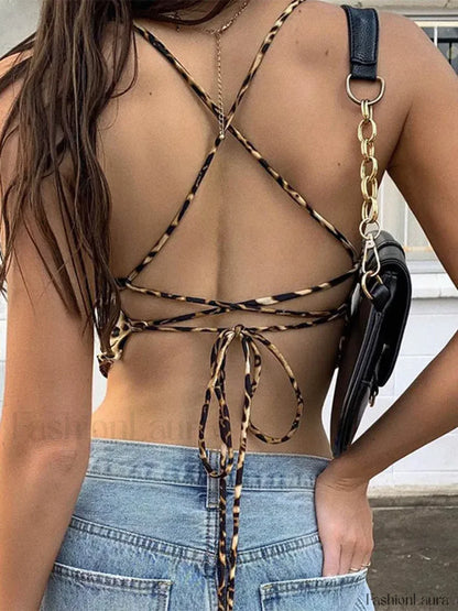 Leopard Pattern Backless Cross Lace Crop Top