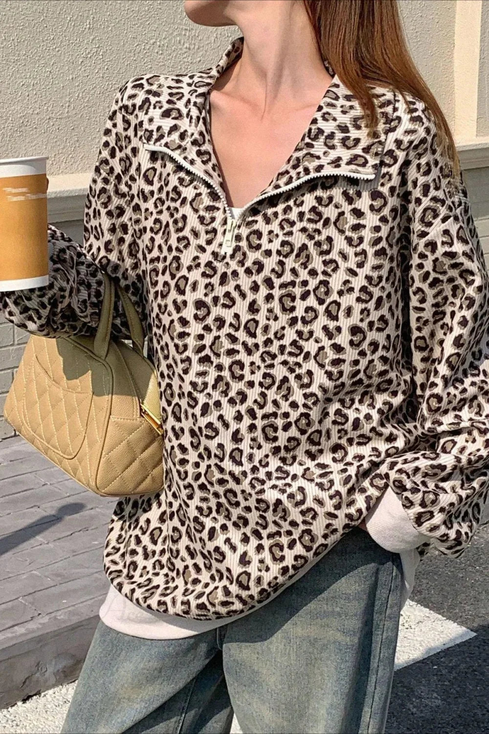Leopard Print Half-Zip V-Neck Long Sleeve Sweatshirt