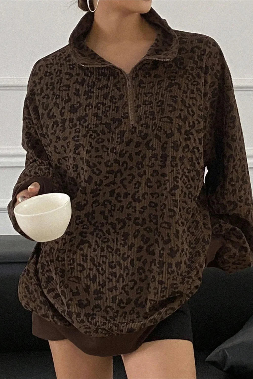 Leopard Print Half-Zip V-Neck Long Sleeve Sweatshirt