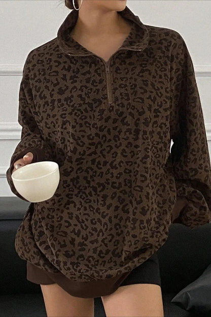 Leopard Print Half-Zip V-Neck Long Sleeve Sweatshirt
