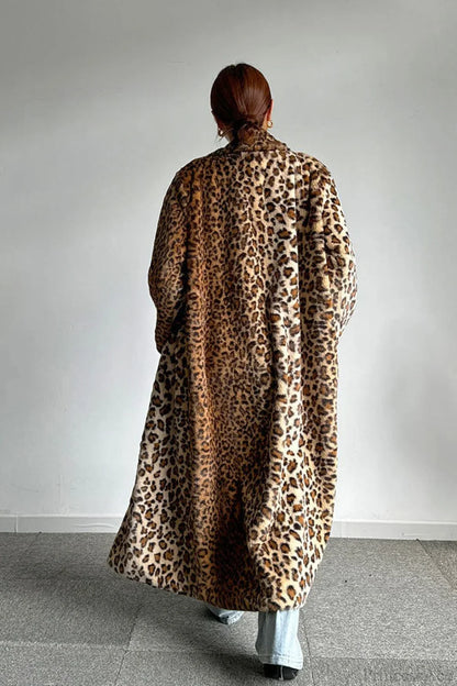 Leopard Print Notched Collar Longline Faux Fur Overcoat