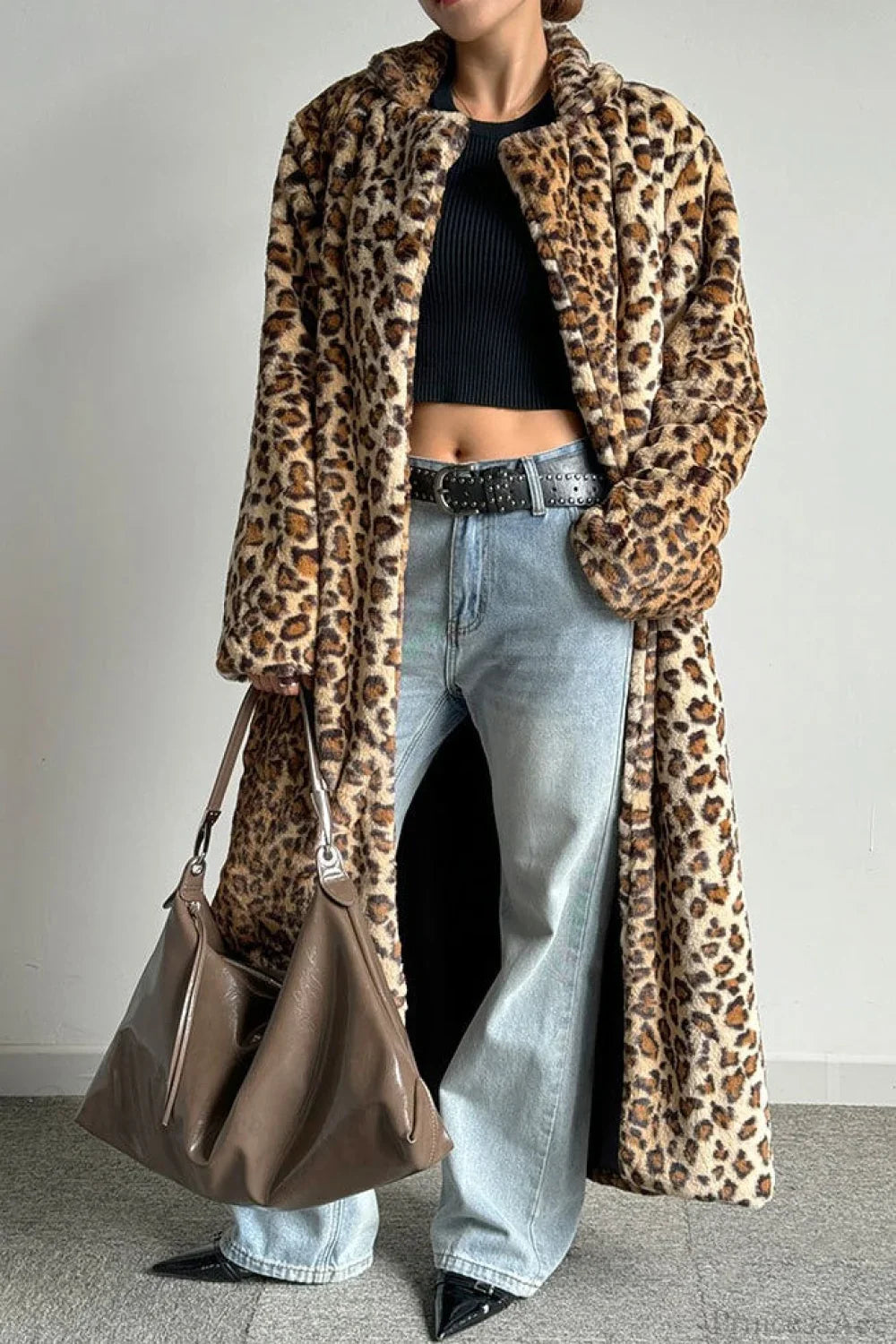 Leopard Print Notched Collar Longline Faux Fur Overcoat