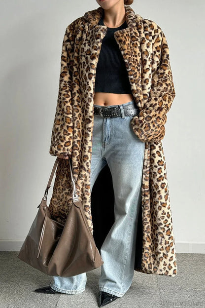 Leopard Print Notched Collar Longline Faux Fur Overcoat