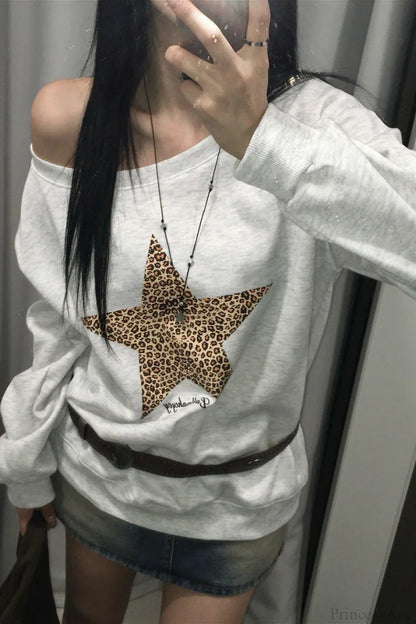 Leopard Print Star Slant Neck Off Shoulder Sweatshirt