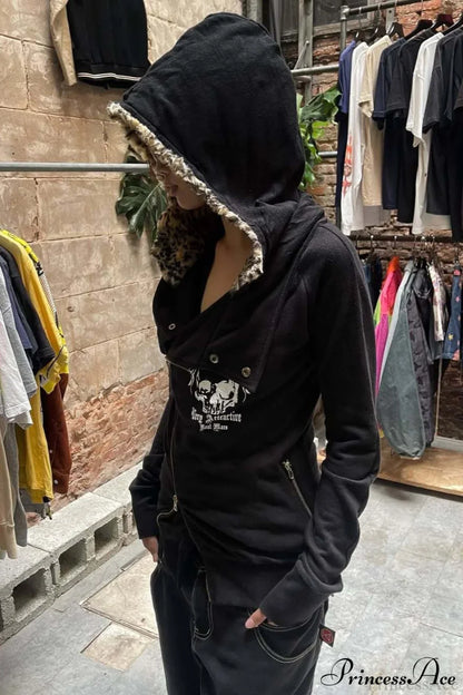 Leopard Print Streetwear Slim Asym Zip Hoodie