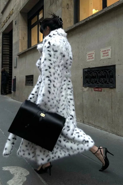 leopard print Warm Faux Fox Fur Notched Collar Loose Overcoat