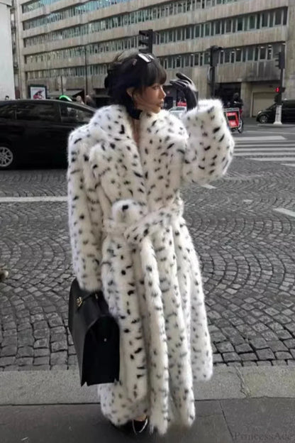 leopard print Warm Faux Fox Fur Notched Collar Loose Overcoat