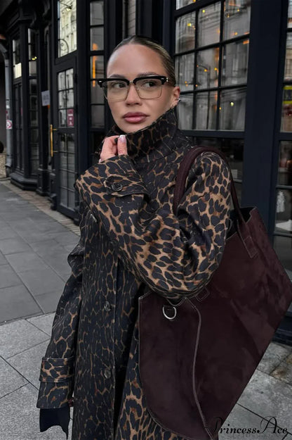 Leopard Stand Collar Stylish Long Overcoat