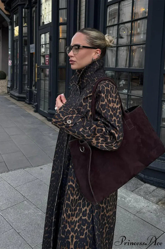 Leopard Stand Collar Stylish Long Overcoat
