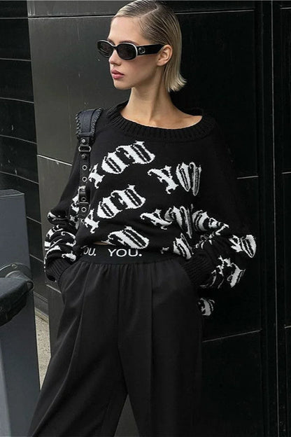 Letter Color Block Long Sleeve Knit Sweater