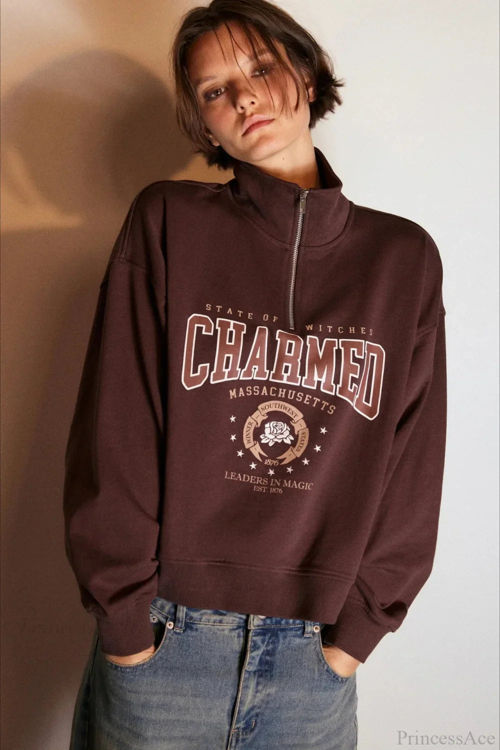 Letter Print Half Zip Stand Collar Loose Sweatshirts