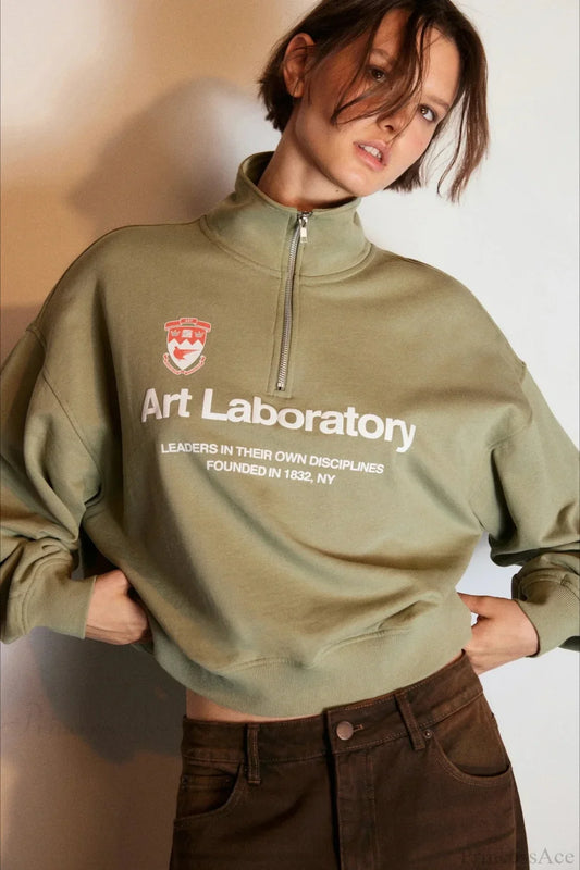 Letter Print Half Zip Stand Collar Loose Sweatshirts