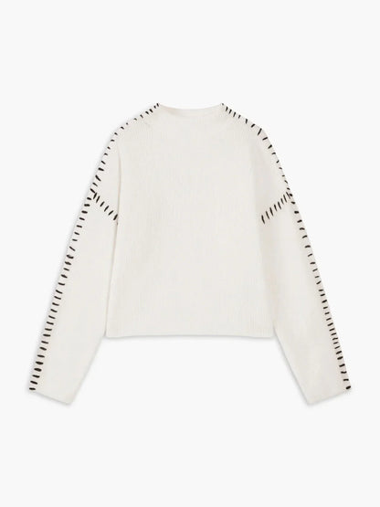 Ribbed Wool Mock Neck Whipstitch Sweater