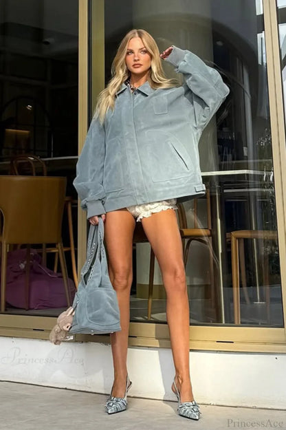 Light Blue Suede Collared Varsity Jacket