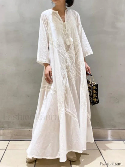 Linen Lace-Up White Boho Dress