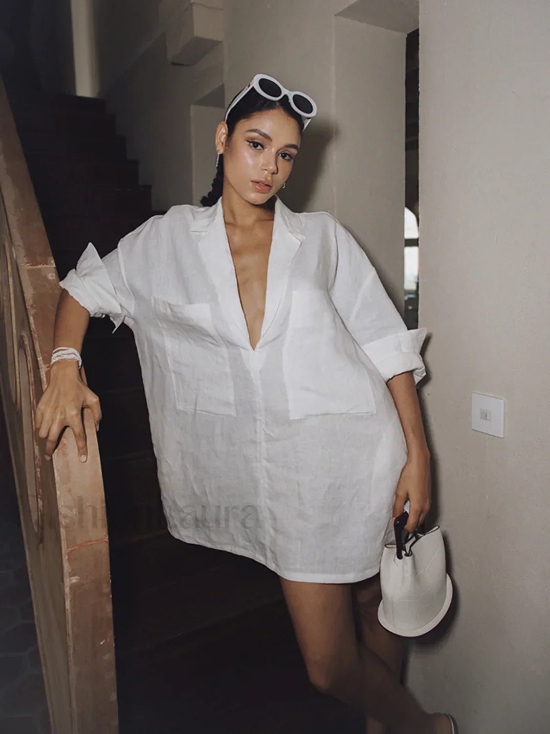 Linen Pockets Semi-Sheer Long Sleeve Dress