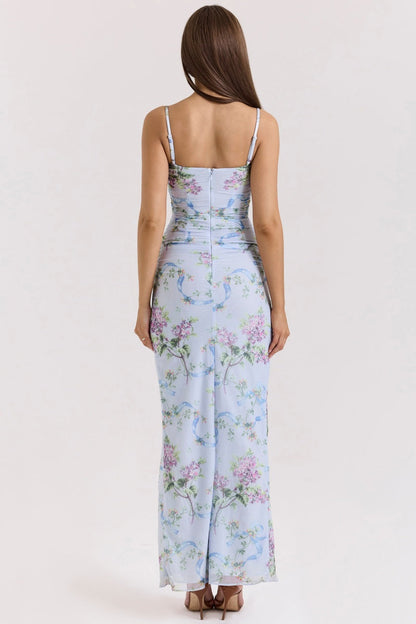 Blue Floral Slit Midi Dress