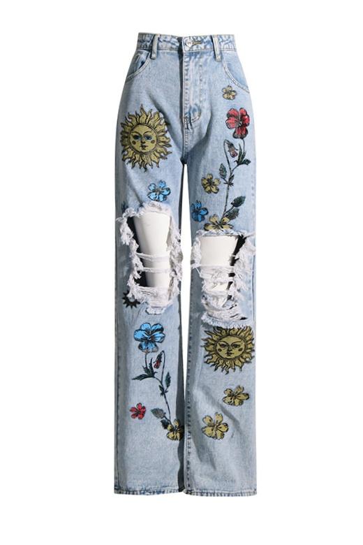 Liza Floral & Sun Printed Ripped Jeans