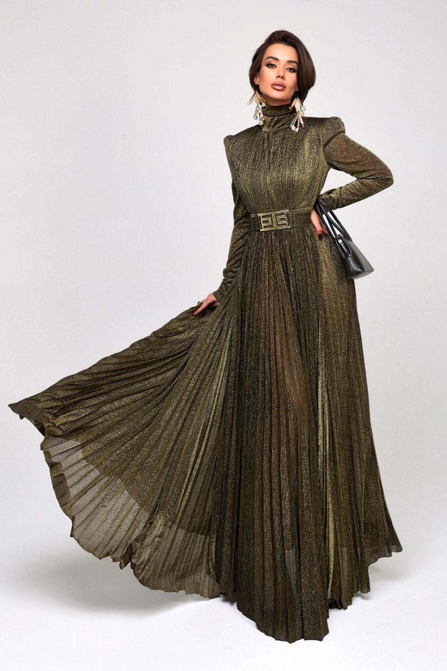 Elsie Metallic Pleated Belted Maxi Dress