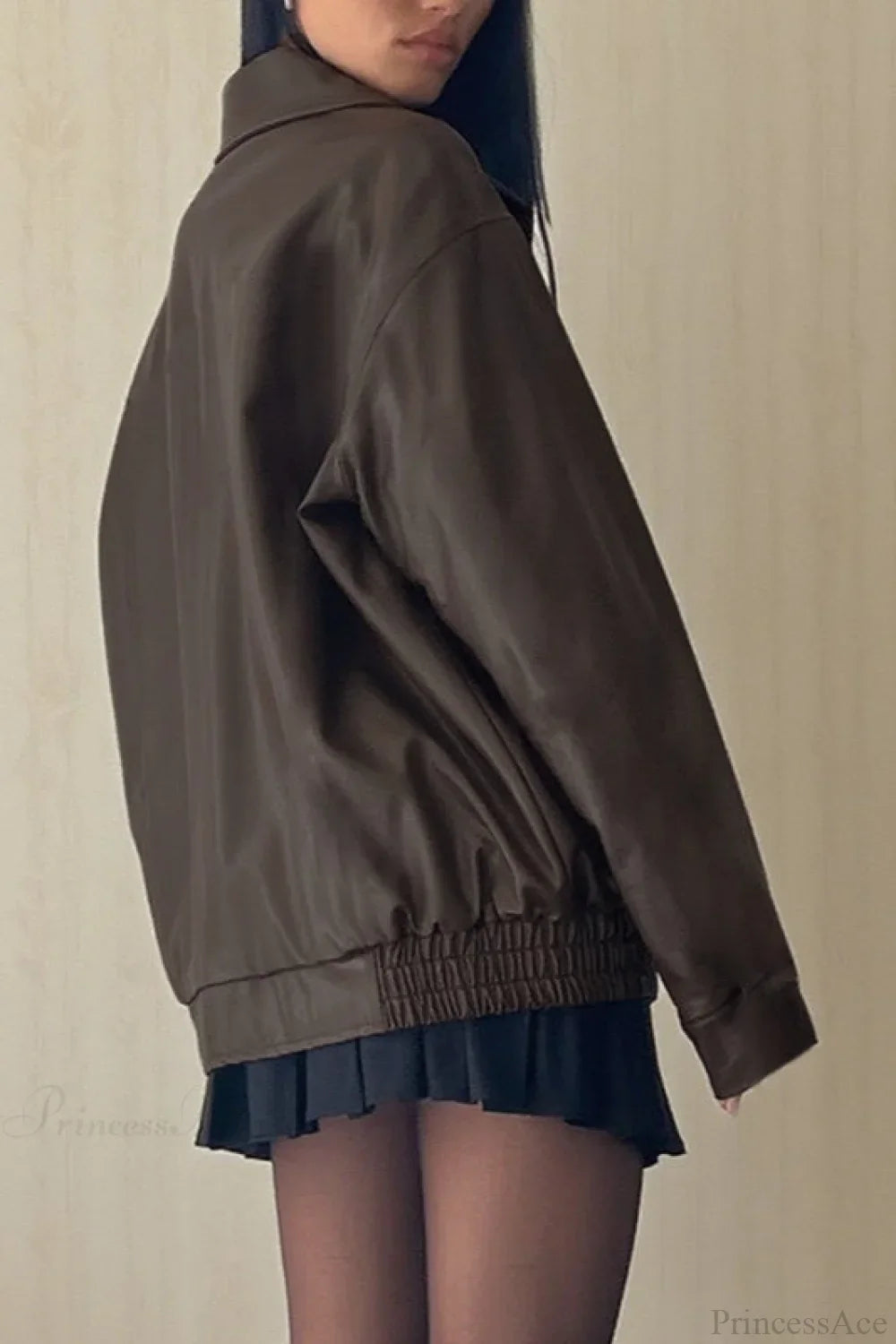 Long Sleeve Basic Loose Zipper Leather Coat