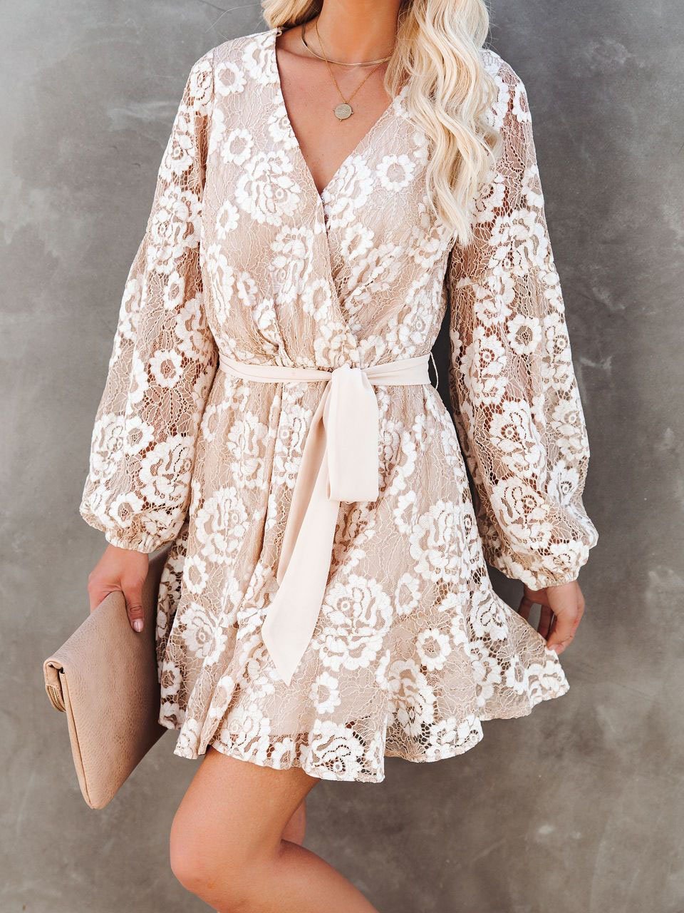 Floral Lace Wrap V-Neck Long Puff Sleeve Sash Belt Mini Dress