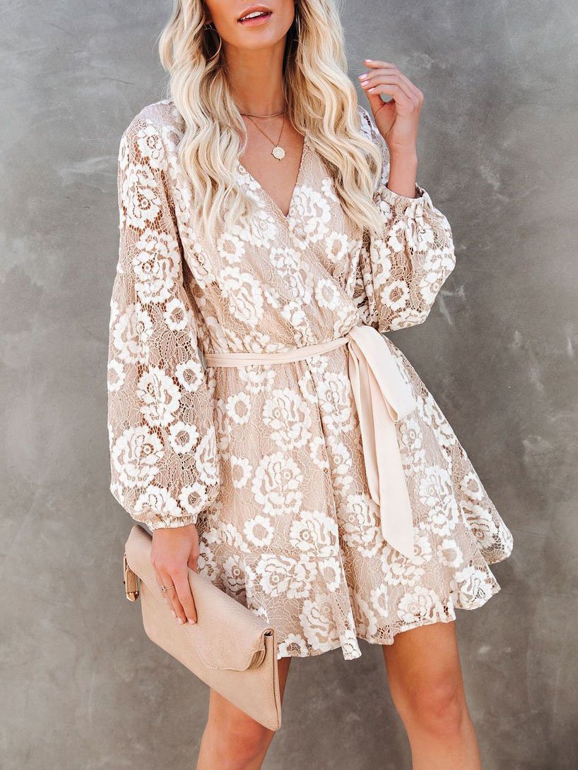 Floral Lace Wrap V-Neck Long Puff Sleeve Sash Belt Mini Dress