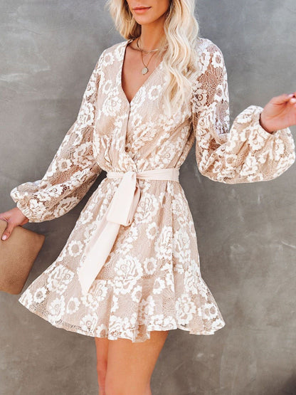 Floral Lace Wrap V-Neck Long Puff Sleeve Sash Belt Mini Dress