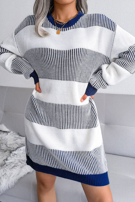 Horizontal Stripe Drop Shoulder Crew Neck Oversized Rib Knit Sweater Dress
