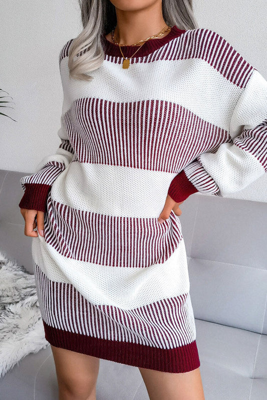 Horizontal Stripe Drop Shoulder Crew Neck Oversized Rib Knit Sweater Dress