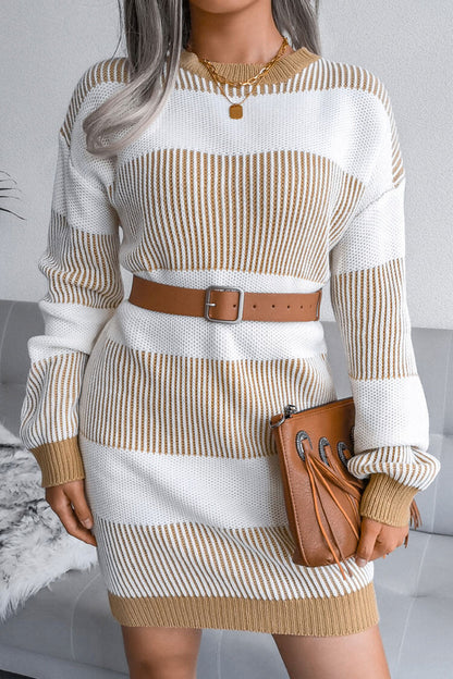 Horizontal Stripe Drop Shoulder Crew Neck Oversized Rib Knit Sweater Dress