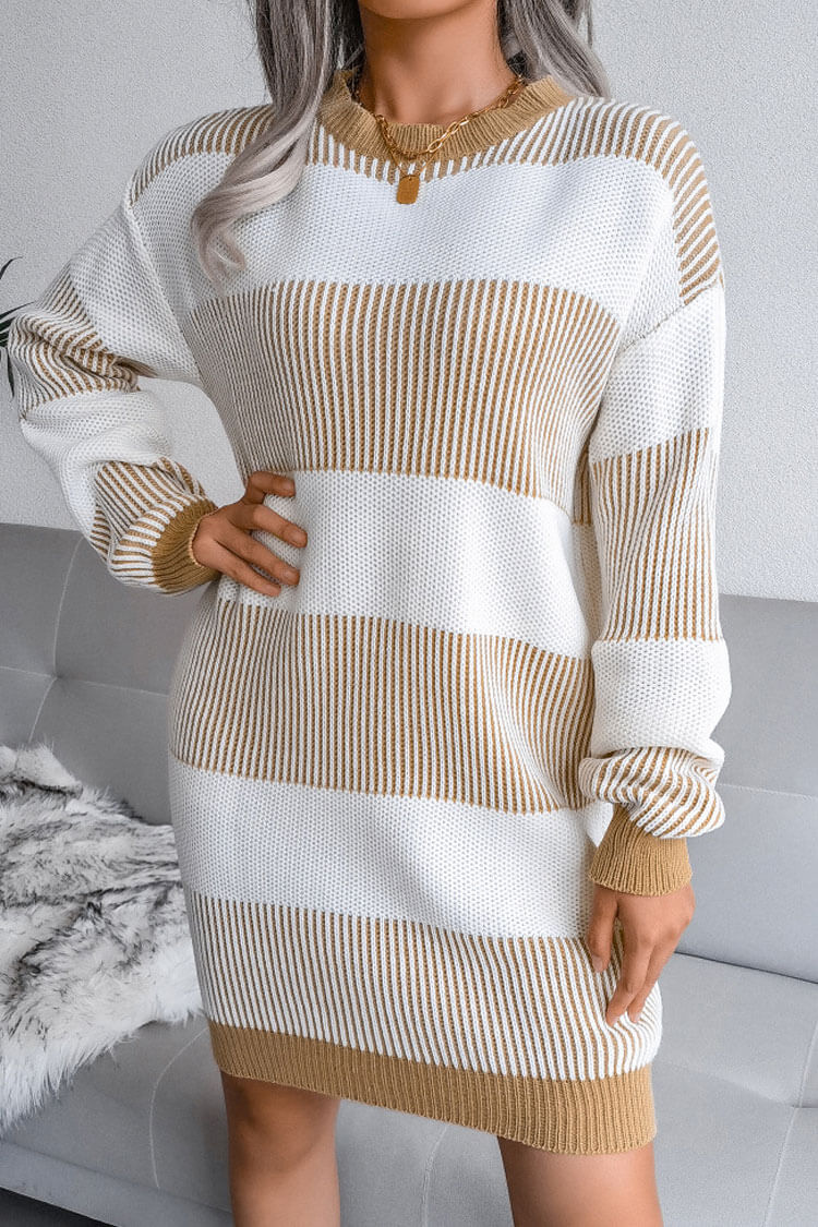 Horizontal Stripe Drop Shoulder Crew Neck Oversized Rib Knit Sweater Dress