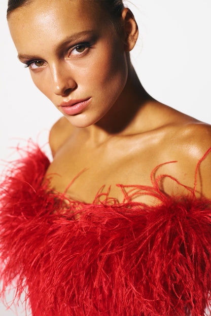 Veronica Feather Trim Strapless Maxi Dress