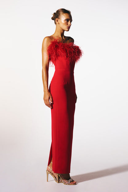Veronica Feather Trim Strapless Maxi Dress