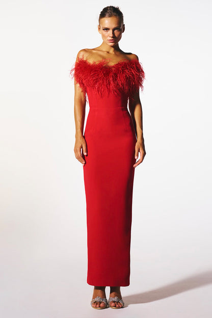 Veronica Feather Trim Strapless Maxi Dress