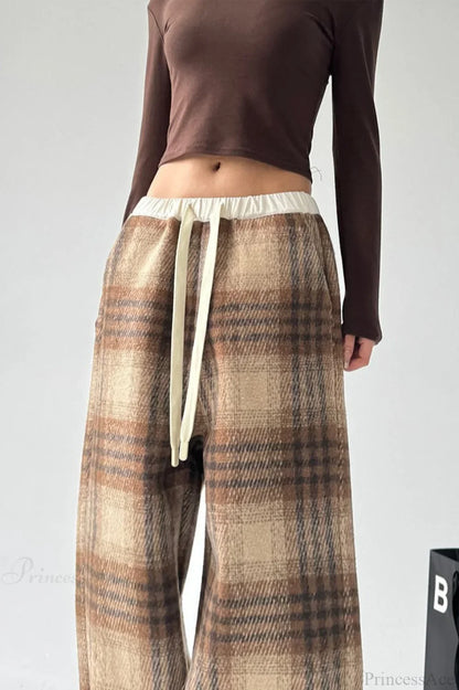 Loose Fit Woolen Plaid Wide Leg Pants